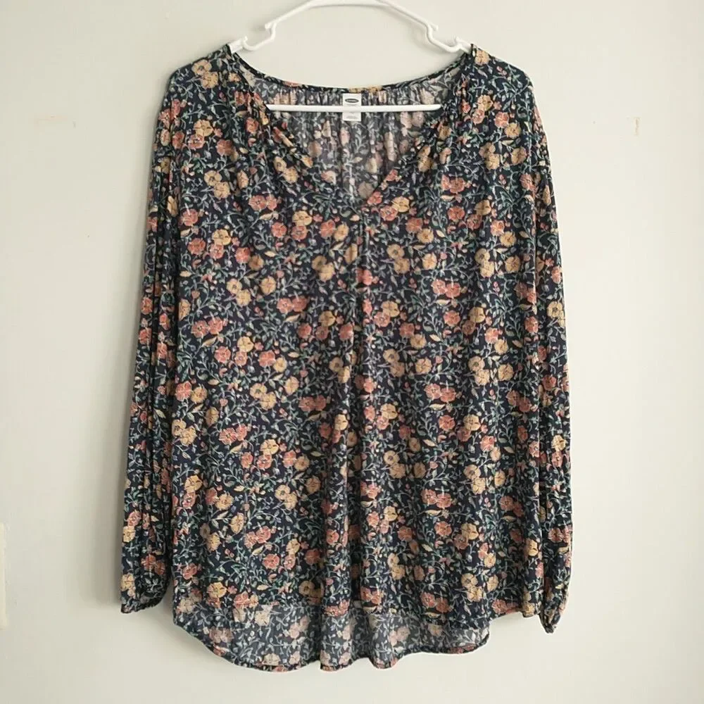 Old Navy Top Blouse Womens XL Blue Yellow Floral Puff Sleeve Cottagecore Boho
